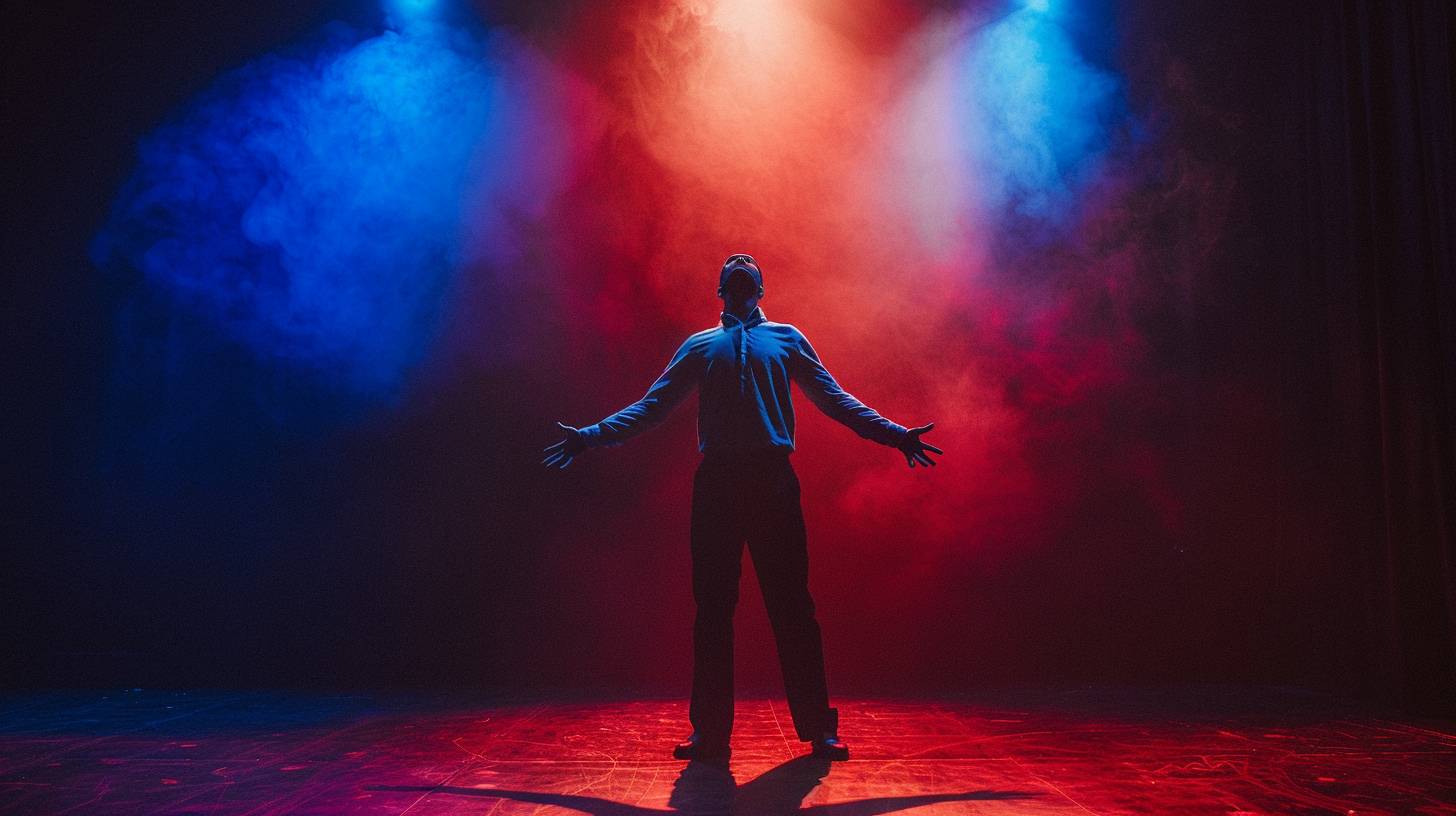 Art photo of an actor on stage, red and blue color gel lighting