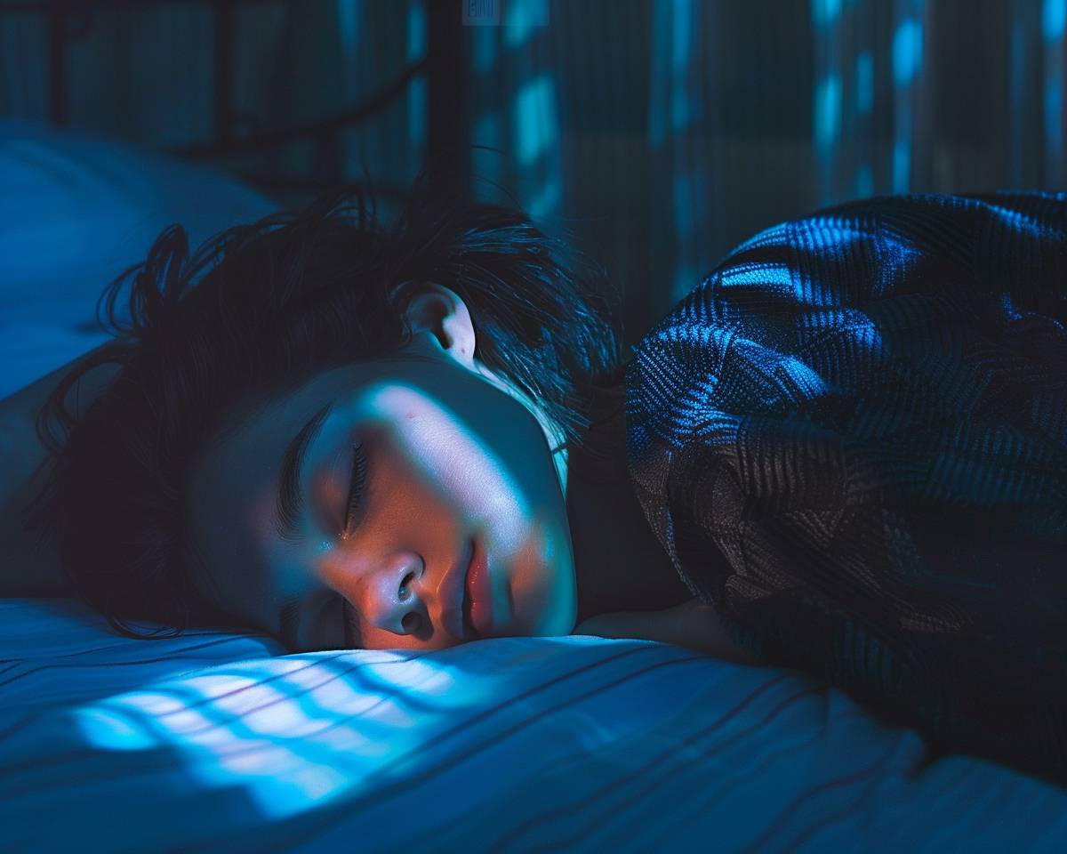 Night shadows on woman sleeping, dramatic photo, blue and grey colors, high contrast, interior scene, Retro VHS Effect