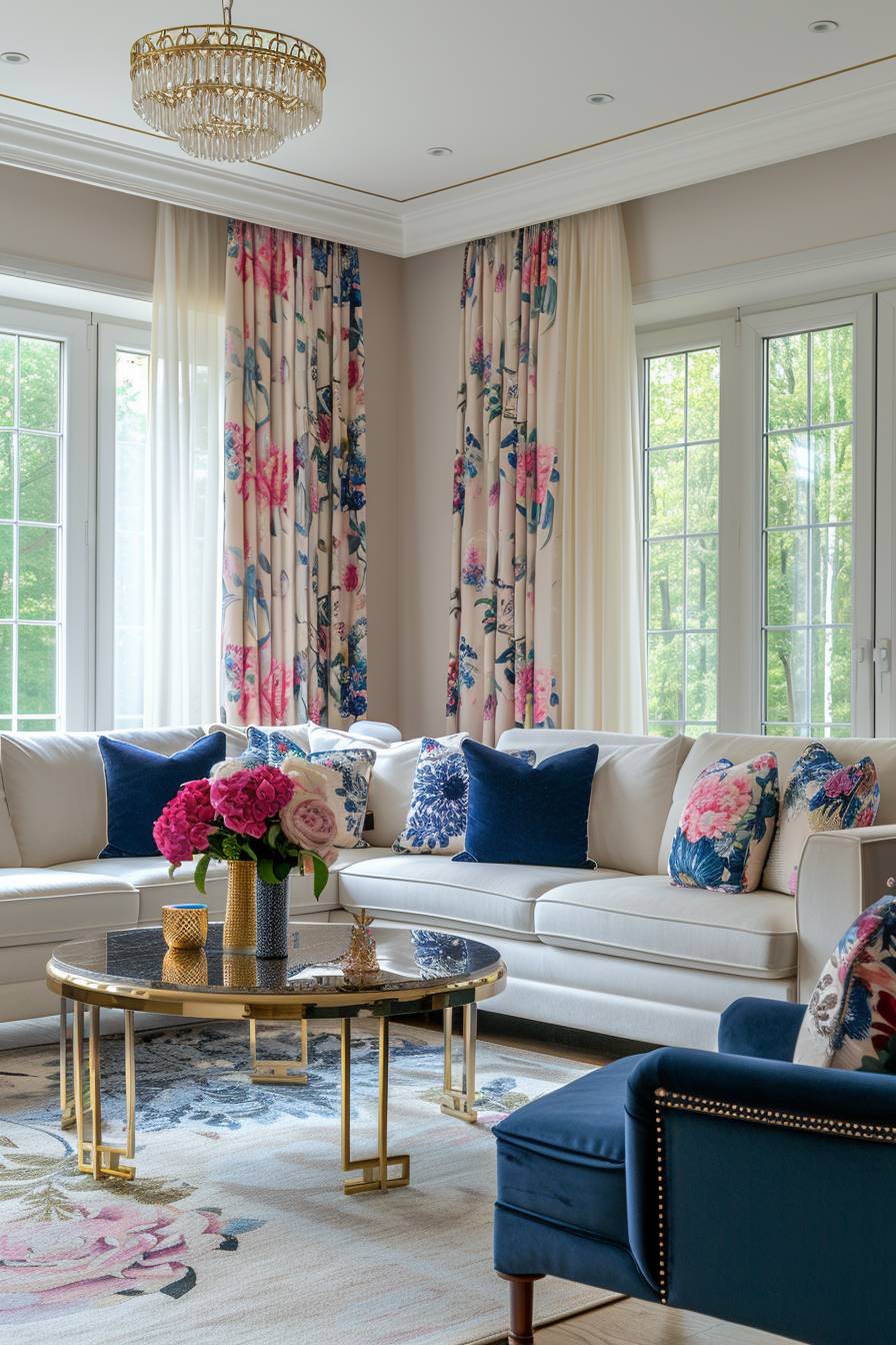 Elegant living room with a white sectional sofa adorned with pink and blue throw pillows, paired with pink and blue curtains framing large windows. A blue armchair sits on the right, and a shiny gold coffee table with a floral centerpiece sits on a white rug. A modern chandelier hangs from the ceiling, and pink flowers in vases add a touch of nature.