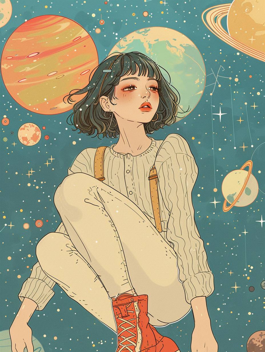 Anya Forger from SPYXFAMILY, with a simple illustration style, on a blue background, using pastel colors and dreamy tones, with simple details, in a flat illustration style, in a dreamlike scenery, with rainbow-colored planets, stars twinkling in the sky, sitting casually with her legs crossed, floating in space, floating on colorful moons, floating on planets.