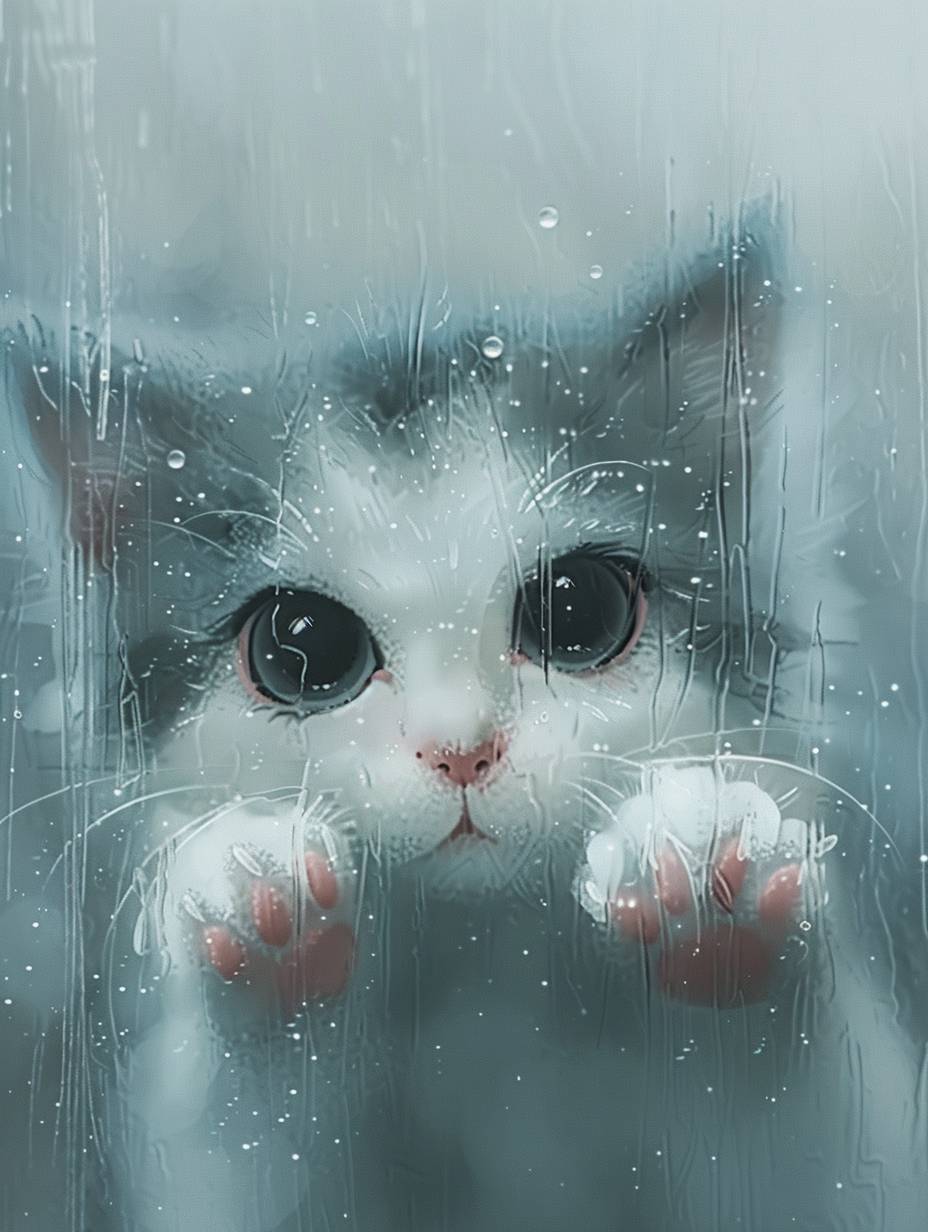 Through frosted glass, I saw a cute cat face with a hazy texture. It had watery eyes and two pink claws protruding from below. The background was simple, and it had a cartoon style. The design featured white and gray, adopting a minimalist approach. The close-up image focused on only one claw, with a blurry effect to increase depth - ar 3:4 -stylize 250 - v 6.0