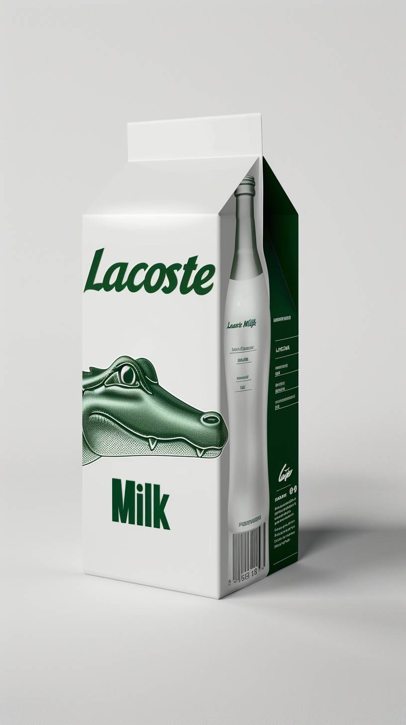 Lacosteロゴが入ったクラシックなミルクホワイトのスーパーマーケットカートンのスタジオ写真、ミルクカートンの表面と側面には大きな緑色のLacosteクロコダイルロゴがあり、テキストは「Lacoste Milk」、シンプルなホワイトスタジオモックアップ背景