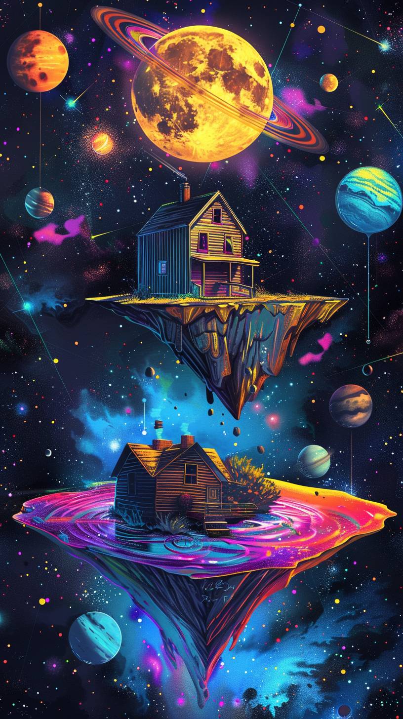 A solitary house perched on a triangle floating island amidst a vibrant cosmic landscape. The scene features a kaleidoscope of planets, stars, nebulas that create a mesmerizing backdrop. The house itself is an old-fashioned, almost rustic structure. The background is black light poster style with neon colors, stars in space, and suns and moons above it, cosmic design elements. The whole scene has psychedelic vibes, with a dark blue color scheme. There are also other celestial bodies floating around. A magical atmosphere surrounds everything. It feels like being on another planet. High resolution, more details. It is an illustration drawn with digital art techniques in the style of psychedelic art. In the style of highly detailed illustration by James Jean and Mark Ryden, high contrast colors, bright and vibrant, clean lines, hyper-realistic, high definition, clean details, vibrant colors.