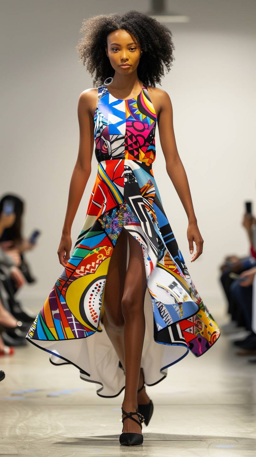 A fashion model strides confidently down the catwalk, capturing the audience. She is adorned in a vibrant, colorful dress with an array of bright, eye-catching patterns. The dress features a flowing, asymmetrical, high-low hemline.