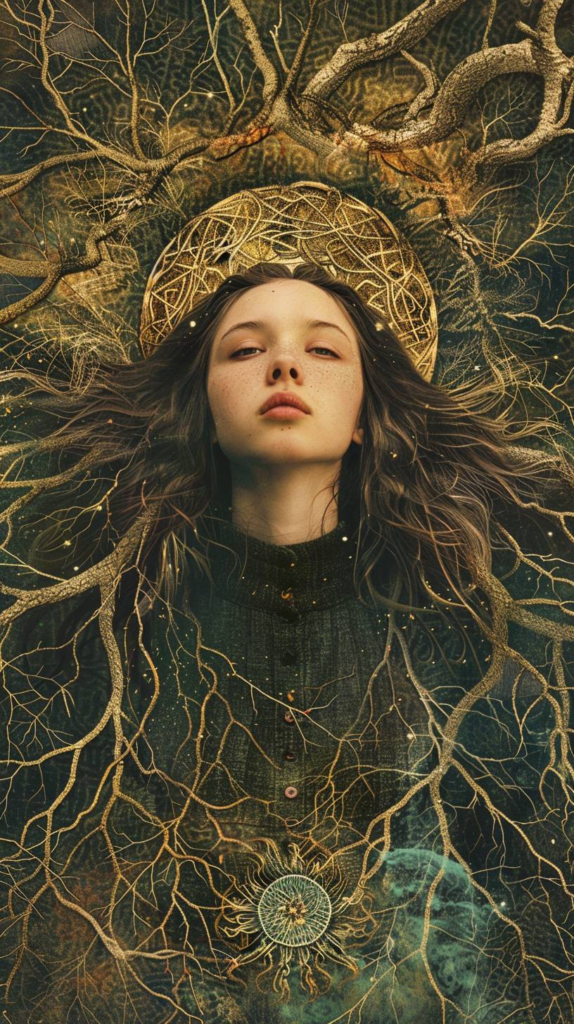 A young, stunning woman stands in the center of a vast network of branches, her presence weaving together the intricate connections of life, as the dendritic patterns around her symbolize the interconnectedness of all living things.