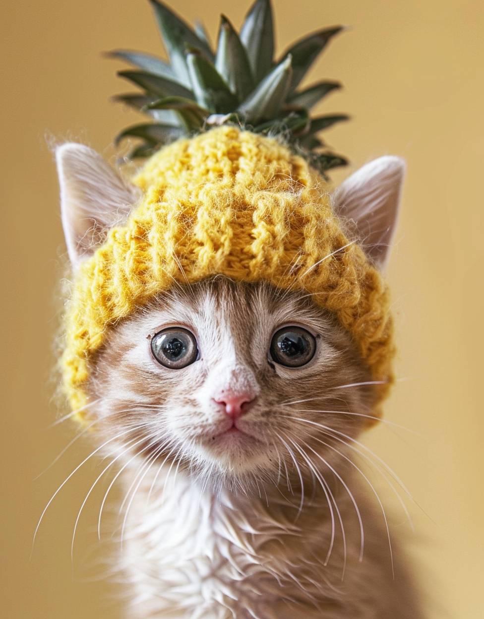 Kitten wearing a pineapple wool hat
