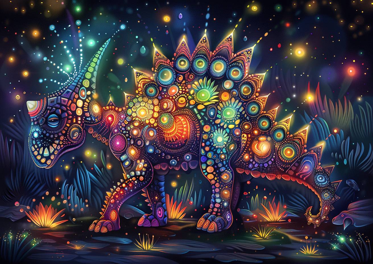 A whimsical doodle of a jewel box dinosaur, prismatic refractions, tenebrism, glowing radiant colors, strong visual flow