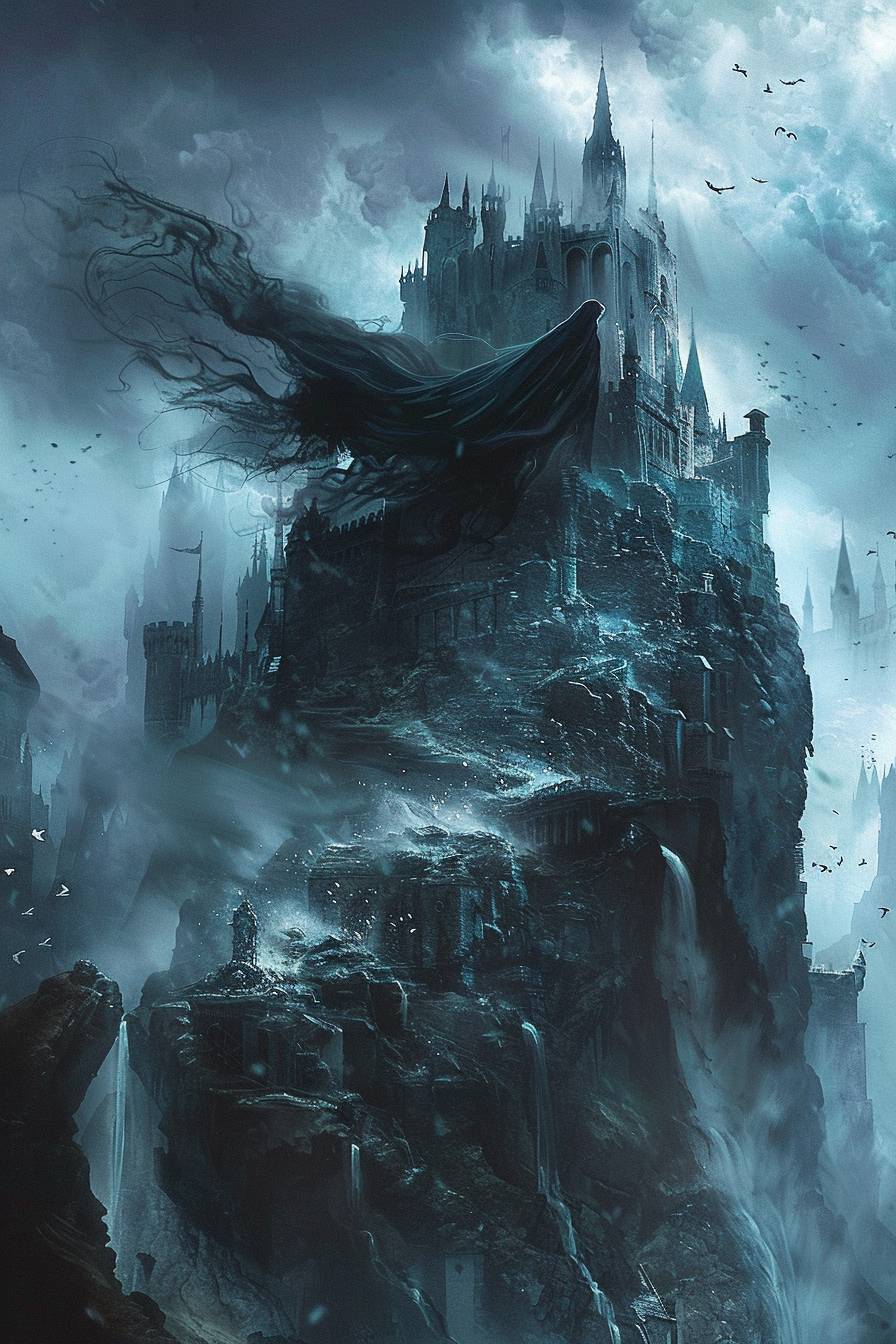 Dark fantasy book cover: Book named: [NAME] written by [WRITTEN BY] featuring an ethereal illustration of a mysterious woman with long hair, an ancient castle, and swirling mist