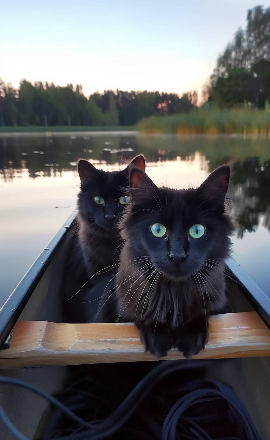 In 2018, a mobile phone video was taken from a low camera angle, showing two black cats with green eyes in a canoe on the lake at dusk. The video was posted to Snapchat.