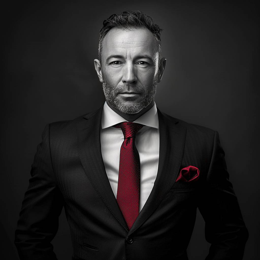 A striking black and white portrait of an elegant man in his late thirties, exuding confidence with sharp facial features and stylish hair. He's wearing a sleek dark suit with high contrast against the background, showcasing perfect fit, while adding some color to the composition through a vibrant red tie and pocket square. Focus on face, professional studio lighting, high resolution photography, insanely detailed, fine details, isolated plain, stock photo quality