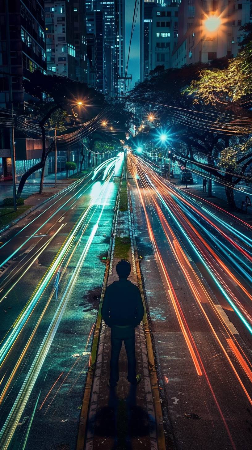 サンパウロ（ブラジル）の夜、人が歩道に立ち、通る車の光跡を眺めている写実的な視点の画像。車両の速度と動きに焦点が当てられ、鮮やかな光の筋がダイナミックでエネルギッシュな雰囲気を作り出しています。