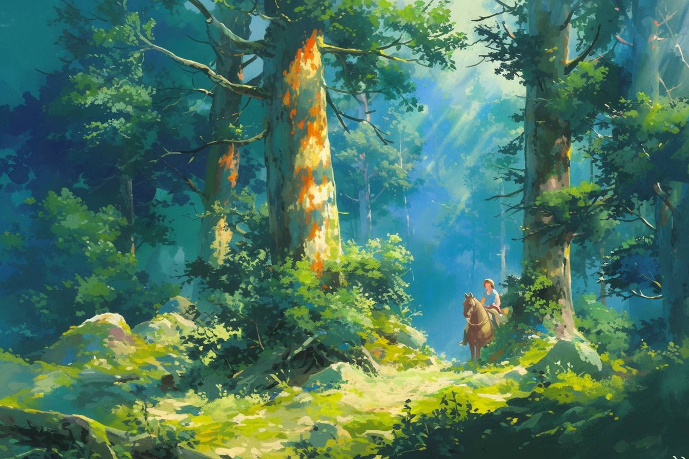Masterpiece, best quality, sunlight streaming through the trees in a forest, style of Studio Ghibli by Hayao Miyazaki --niji 6 --ar 3:2