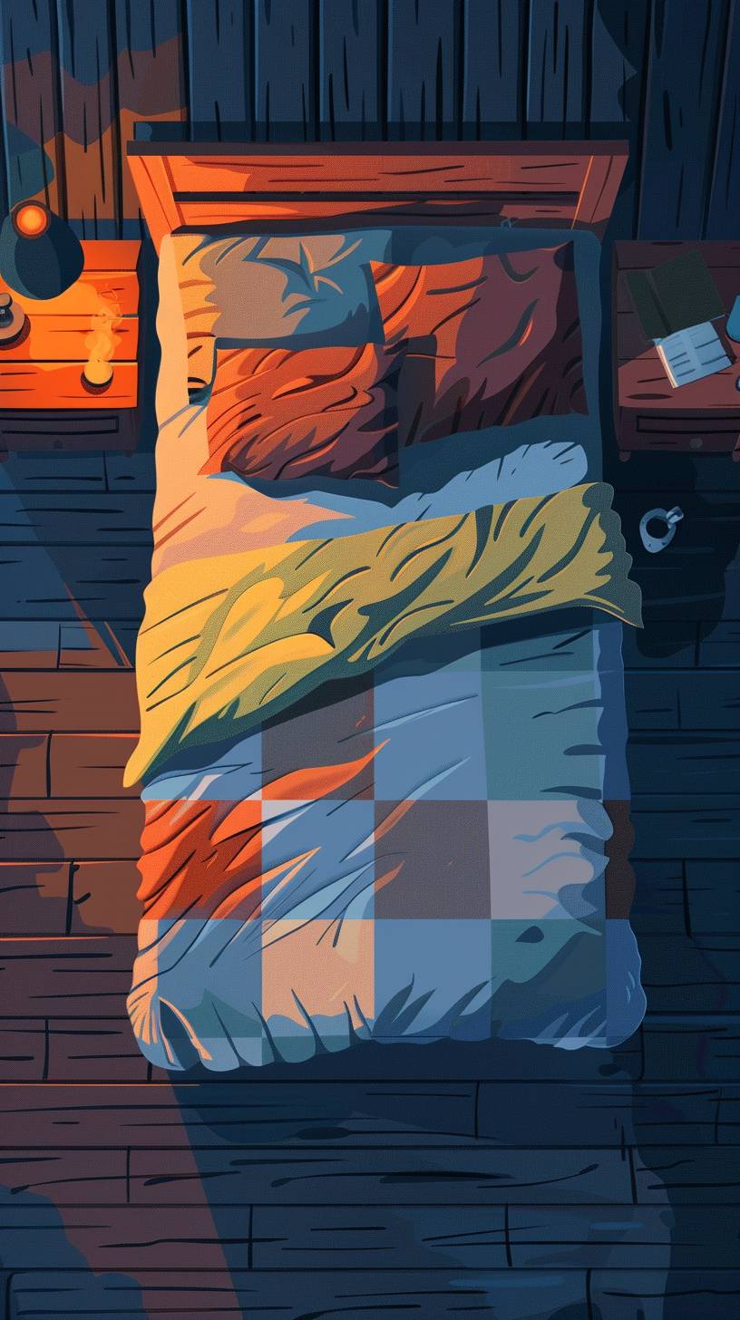 Cozy bedroom, night, bed, bulging quilt, flat illustration, Simplified flat art vector image,Simple drawing, top view