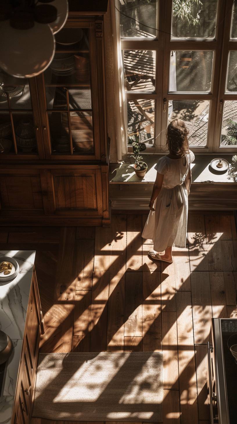 Aerial view. Full-length shot of a walking female French cook in her big kitchen. Intricate details. Window's shadows.