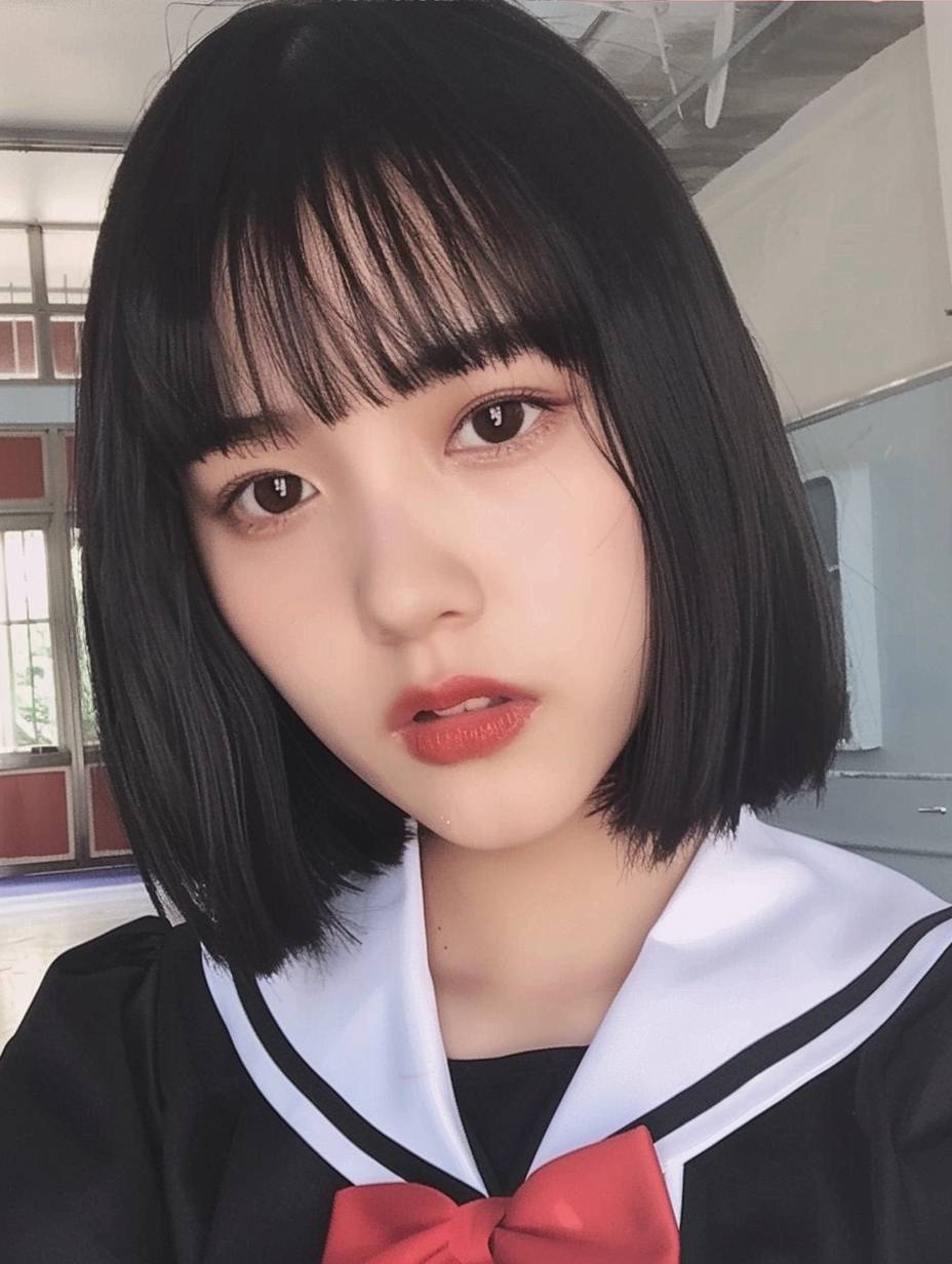 A Chinese high school girl with short hair, bangs, and black bob cut hairstyle, wearing a school uniform, with a very beautiful face and slightly open lips in a close-up upper body photo. The photo was taken in school using a phone camera. It is being live-streamed on Tiktok, real photos taken in natural light with pure sunlight.