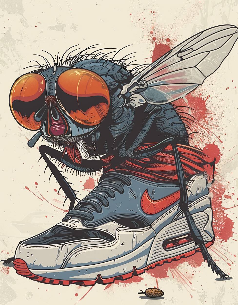 A red and black striped fly wearing sunglasses, holding a hemp joint in its hands and wearing Nike Air Max shoes in a vector style on a white background.