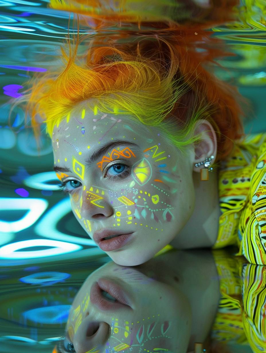 A young woman with vibrant neon hair and geometric Art Deco patterns painted on her face, posing in a surreal, dream-like setting with mirror-like floors and walls reflecting her image.