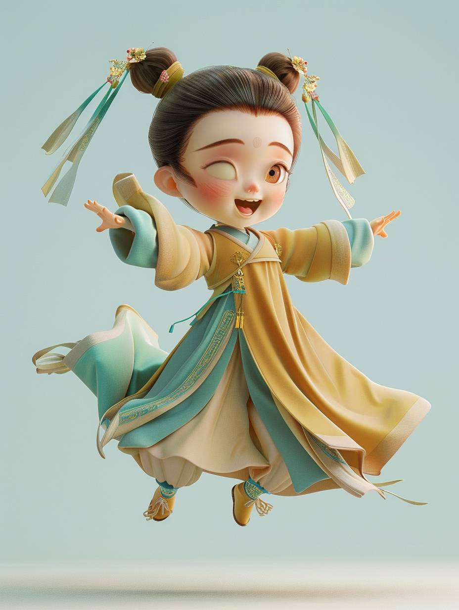 3D rendering, C4d, cartoon Q-version, a three-year-old girl wearing Tang Dynasty summer clothes, tied in a bun, wearing small embroidered shoes, dancing in mid-air. Dunhuang style, with a blue-green and light brown background. Chinese style, various cute expressions and movements, super exquisite.