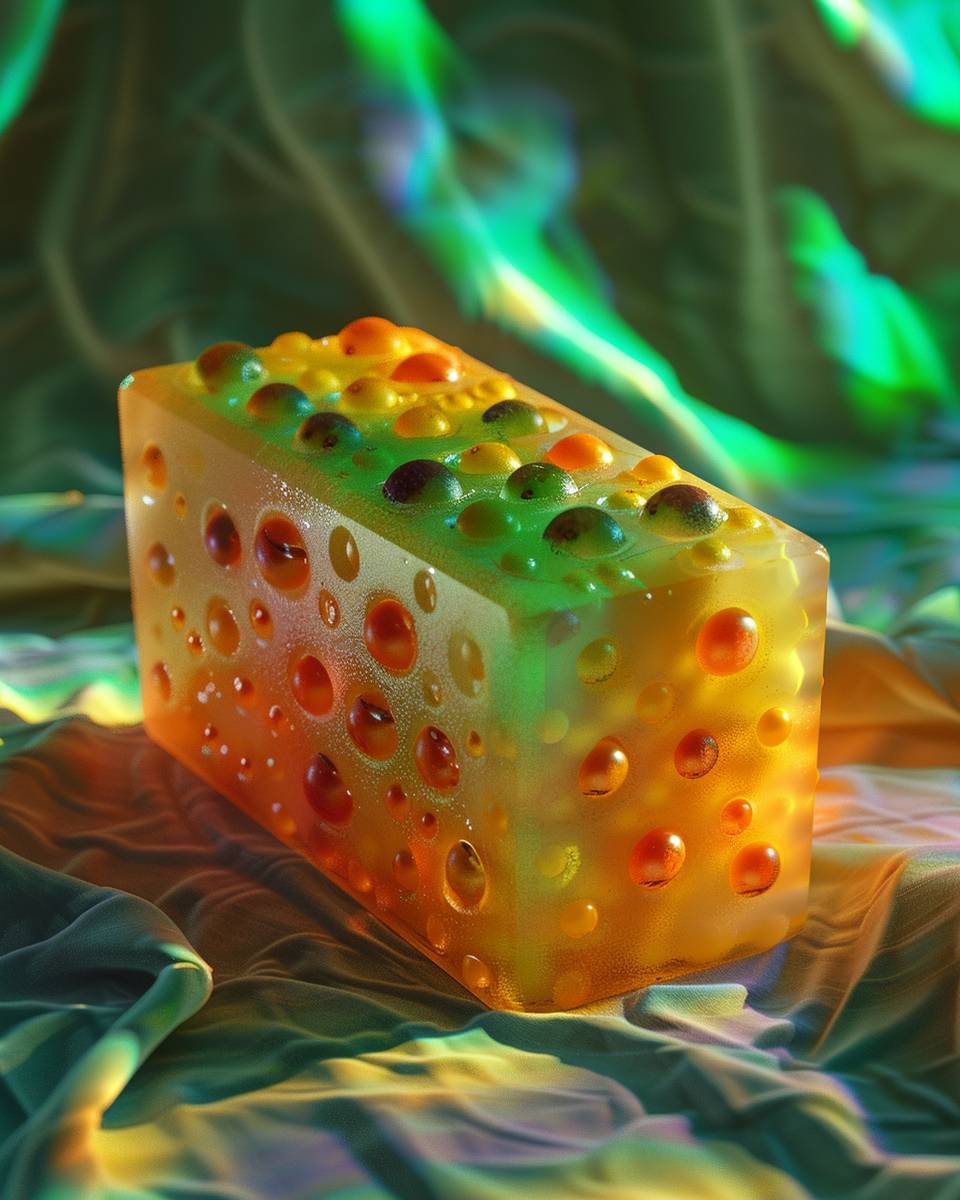 An ombre-colored exquisite surreal 3D rendering, featuring a rectangle-shaped traditional fruitcake placed inside spheres, illuminated by gradient light from within. It combines elements from art nouveau artists such as Alphonse Mucha, Roger Hargreaves, and Paul Klee, creating a sense of three-dimensionality and a fantastical effect. Studio lighting, color correction, and post-processing are used to produce a unique artwork.