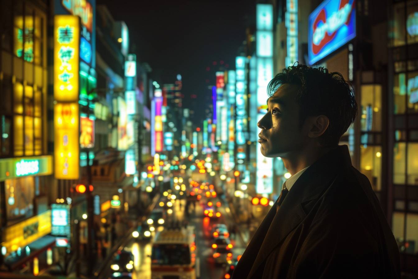 The kabuki actor in 'Neon Nocturne', basking in the brilliant drama gold glow of a futuristic, stage spotlight yellow neon-lit metropolis stretching towards the horizon --ar 3:2 --style raw  --v 6.0