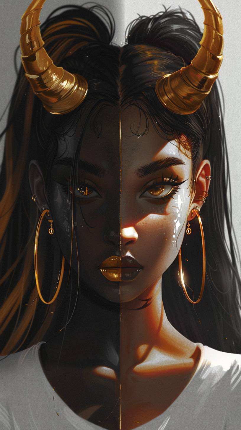 A digital illustration of an anime character with two faces, one side depicting the face in black and white with horns, while the other features golden earrings and expressive eyes. The minimalistic background focuses on the contrast between light skin tones and dark facial details.