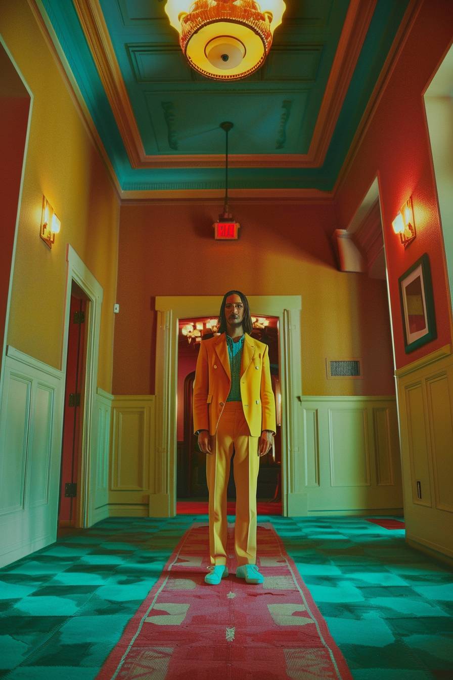 [Subject+ description], Wes Anderson style, symmetrical composition, full body shot, dramatic lighting, Movie Still, Vibrant colors, ultra-realistic photography.
