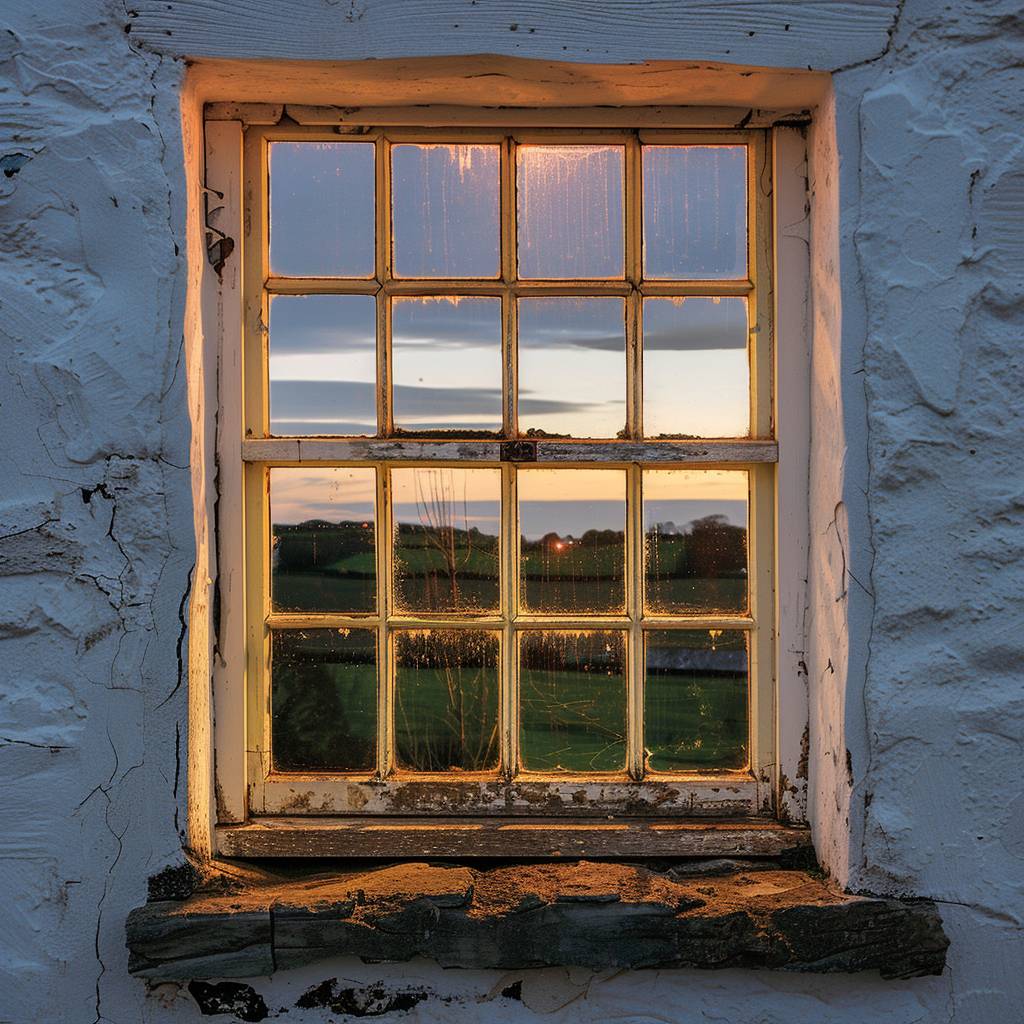 An old farm white wall seen from inside, wooden window with glass, night outside.