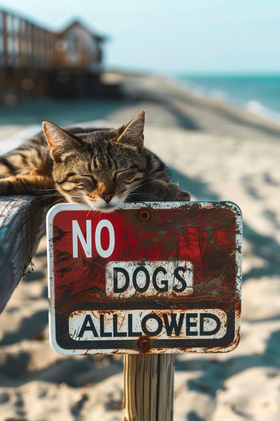 A photograph taken on an iPhone 14, at a beach, with a cat sleeping on a sign that says 'NO DOGS ALLOWED', shallow depth of field, photorealistic.