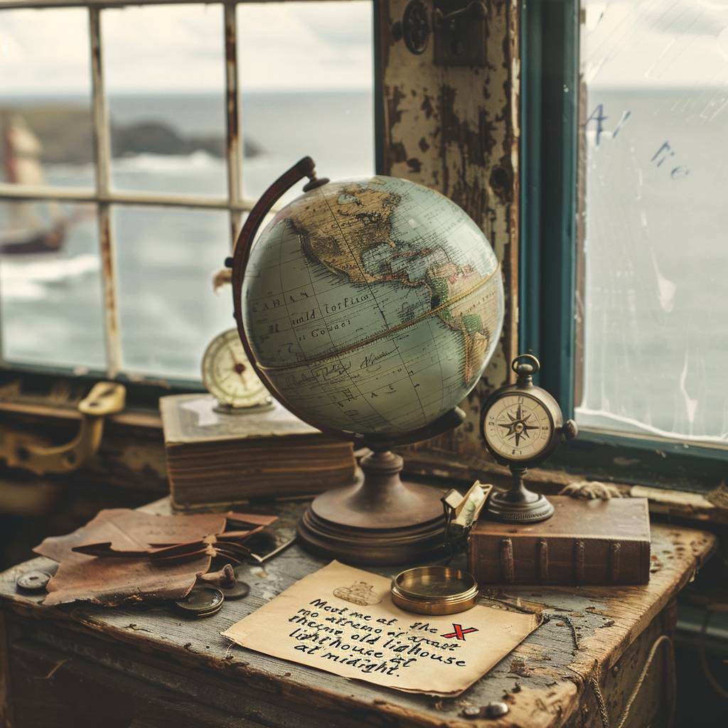 画像には風格のあるビンテージスタイルの世界地図があり、古びた木製スタンドに乗せられ、洋風のタッチのある部屋の中に置かれています。大きな開けた窓の前に配置されており、そこからは素晴らしい海の景色が広がっています。世界地図の周りには、損傷がある革製の装丁された日記帳、真鍮製のコンパス、色あせた救命輪など、数点の航海関連のオブジェが散らばっています。羊皮紙の上には手書きの小さな地図があり、角には赤いXが記されています。笛の音を奏でながら、「真夜中に旧灯台で会おう」と書かれたメモが添えられています。全体のセッティングは、旅行者が座って次の大冒険を計画することができる、居心地の良く冒険的な空間を演出しています。