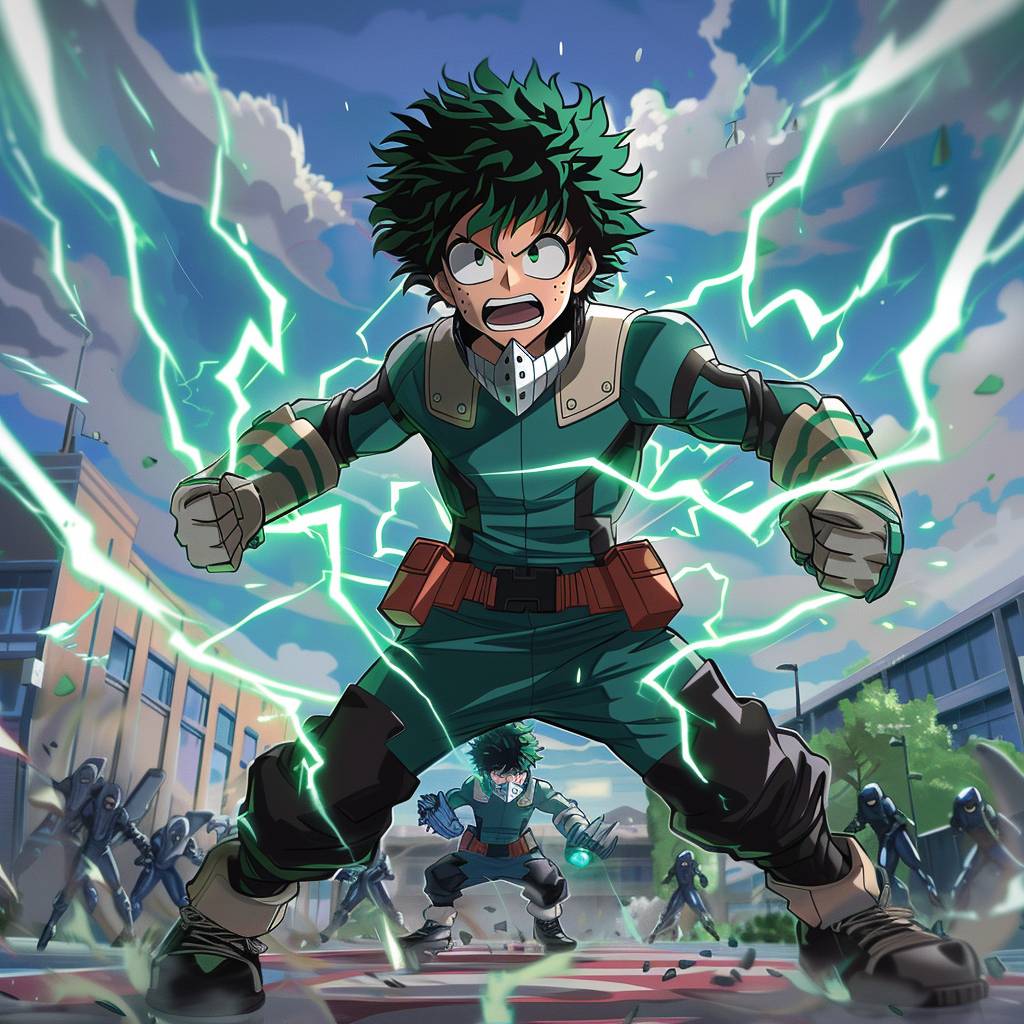 Midoriya Izuku from My Hero Academia is in his Full Cowl form, charging forward with green lightning crackling around him, in front of UA High School with training robots behind it. cartoon-style graphics with high resolution game art, full body portrait, epic, dynamic, anime.