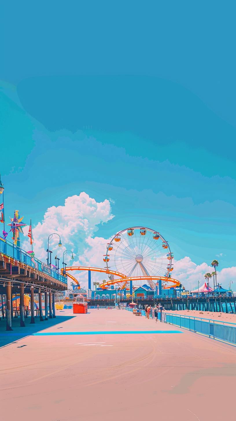A long shot of the Santa Monica pier with its iconic Ferris wheel, sunny summer day, no people present. In the style of Moebius.