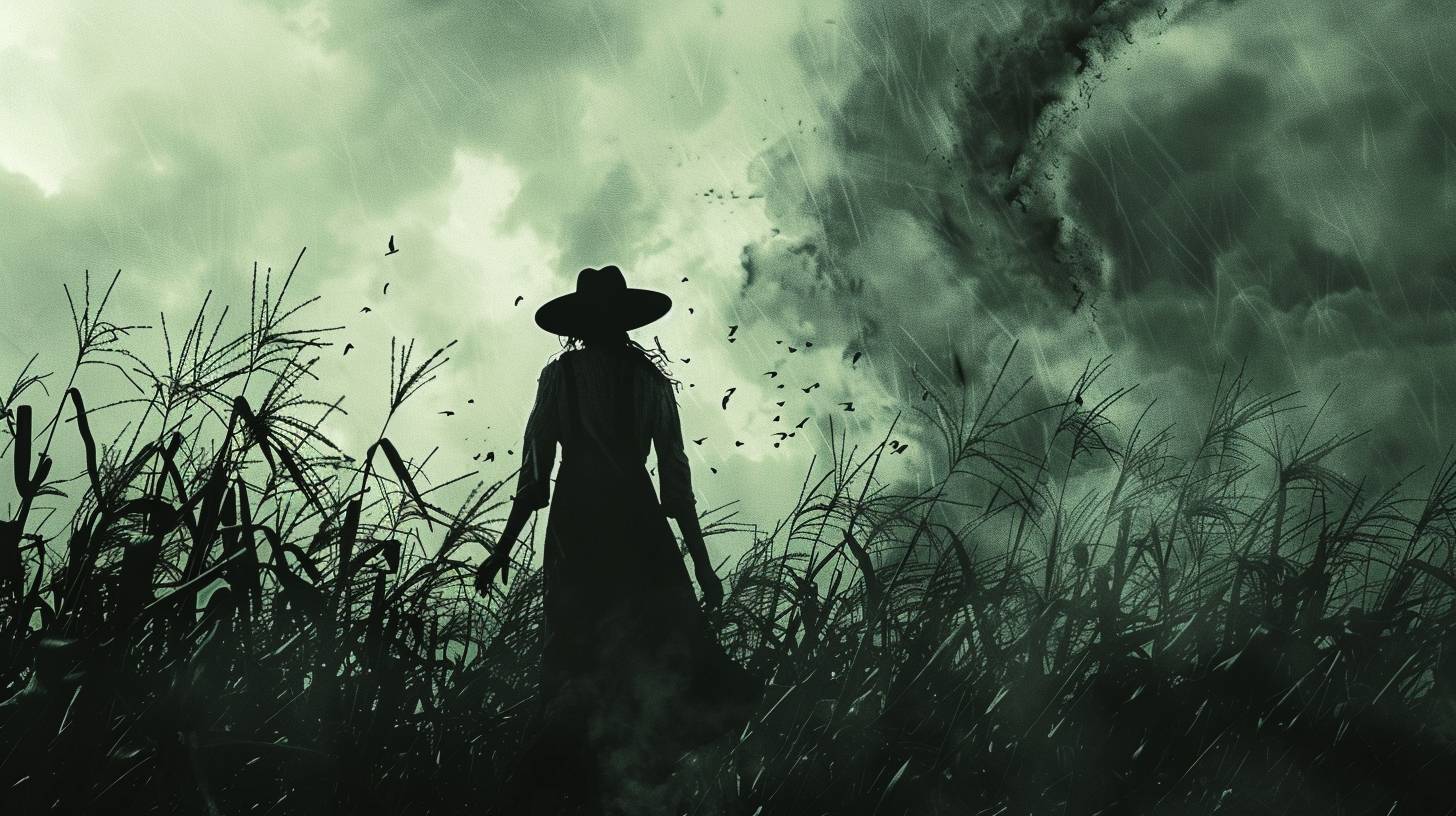 A creepy scarecrow in silhouette, folk horror style, in a cornfield, with a tornado approaching, limited color palette, tenebrism, strong visual flow