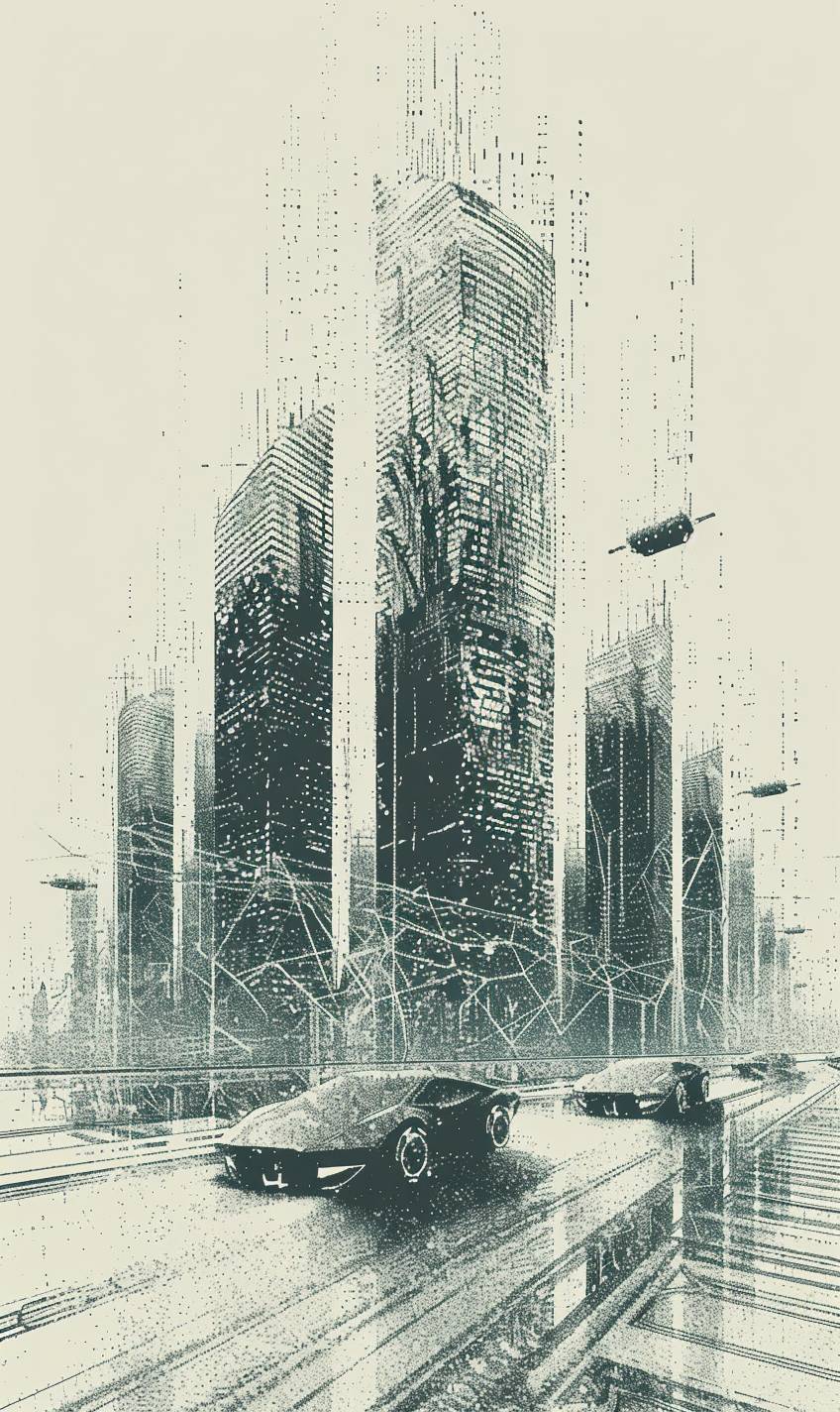 未来都市の夜景、そびえ立つ超高層ビルと点滅するネオンライト、空を飛ぶ車がピュッと駆け抜ける