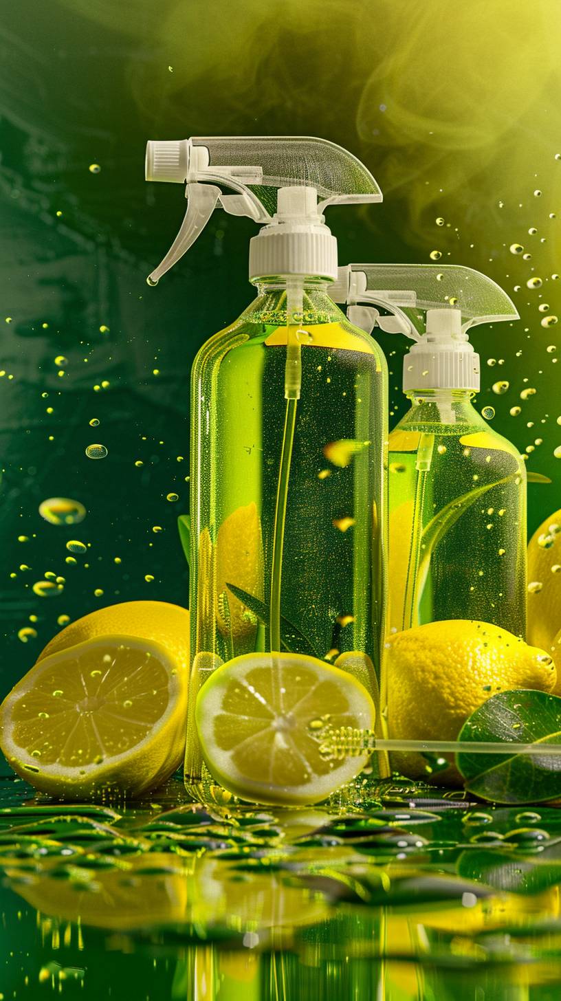 Disinfectant spray bottle product display images for products page hyperrealistic 8K and in green and yellow theme