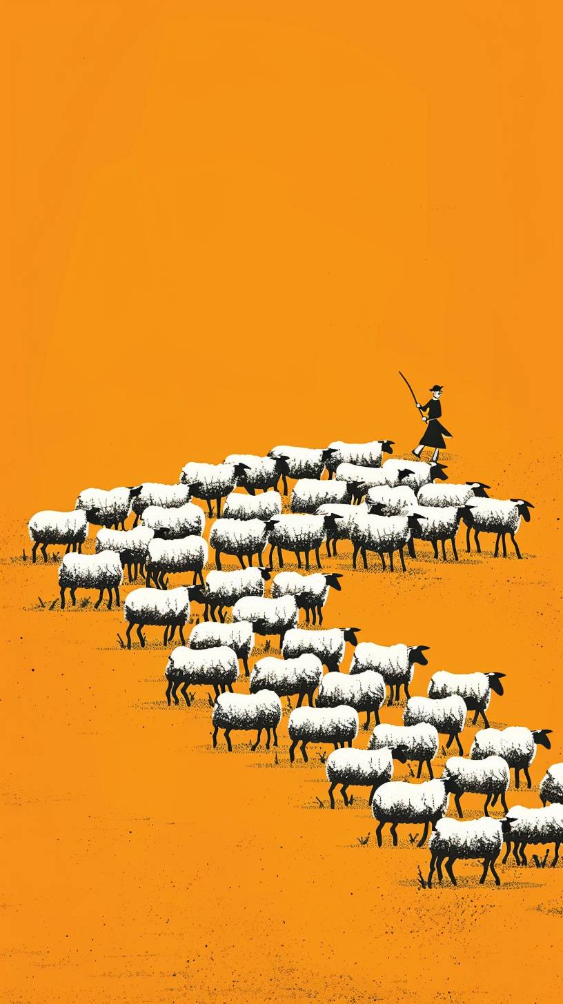 An image of ninety-nine sheep randomly forming a group, all of them being the same size. In the bottom half of the picture, there is a lone sheep and a shepherd separated far away from the group. It features a minimalist illustration style with an orange background. --ar 9:16 --style raw --stylize 50 --v 6.0