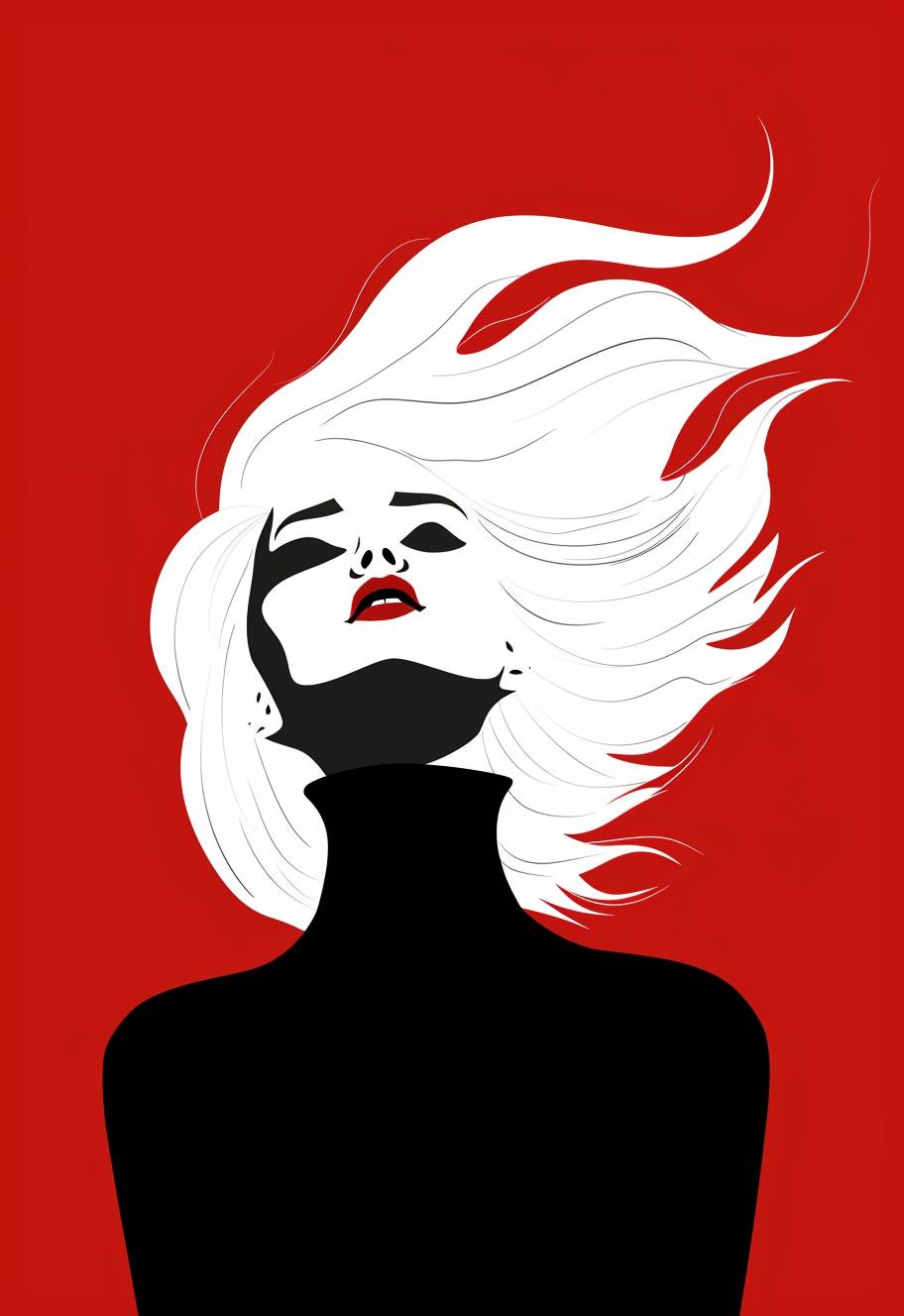 白い髪の女性を描いたミニマリストのレトロイラスト、白黒のカラーパレット、赤い背景に対するダークなコントラスト、シンプルな形状の超現実主義的なスタイル。