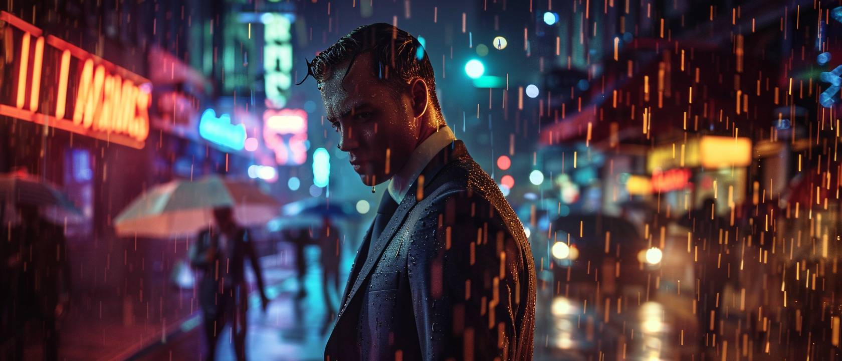 A man in a suit, standing in the rain with a pensive expression, wet hair sticking to his forehead. Downtown district. Night time. Neon signs, passing cars, people holding umbrellas. Medium shot, upper body. Dramatic lighting, raindrops illuminated by city lights, water dripping from his suit. High dynamic range.