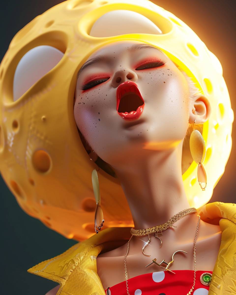 Head into a surreal moonmask, ground-level view, a woman in extravagant clothing laughing with big neon brown eyes and statement earrings | Inspired by Juergen Teller, Daria Petrilli, delicacy of touch, and the style of Miwa Komatsu