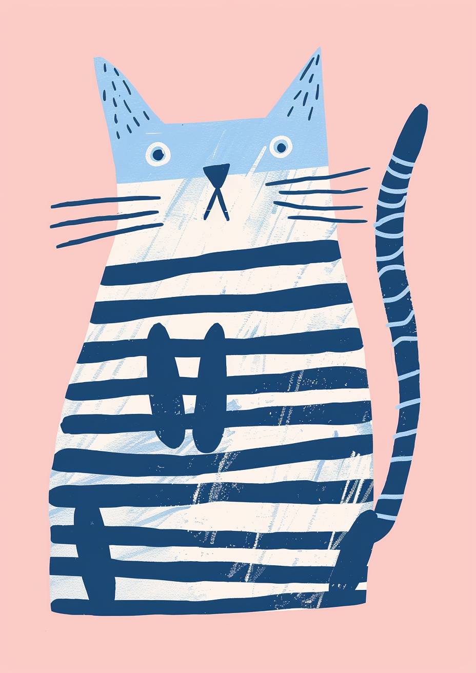 A minimalistic painting of a cat with stripes in blue and white on a pink background, in the style of Henri Matisse. The simple design is detailed enough to be interesting. It features bold outlines that highlight the form's contours. The cat holds its tail in one hand, which has stripes similar to those seen on its body. A sense of movement or action appears as if it could jump at any moment. Simple shapes are used.