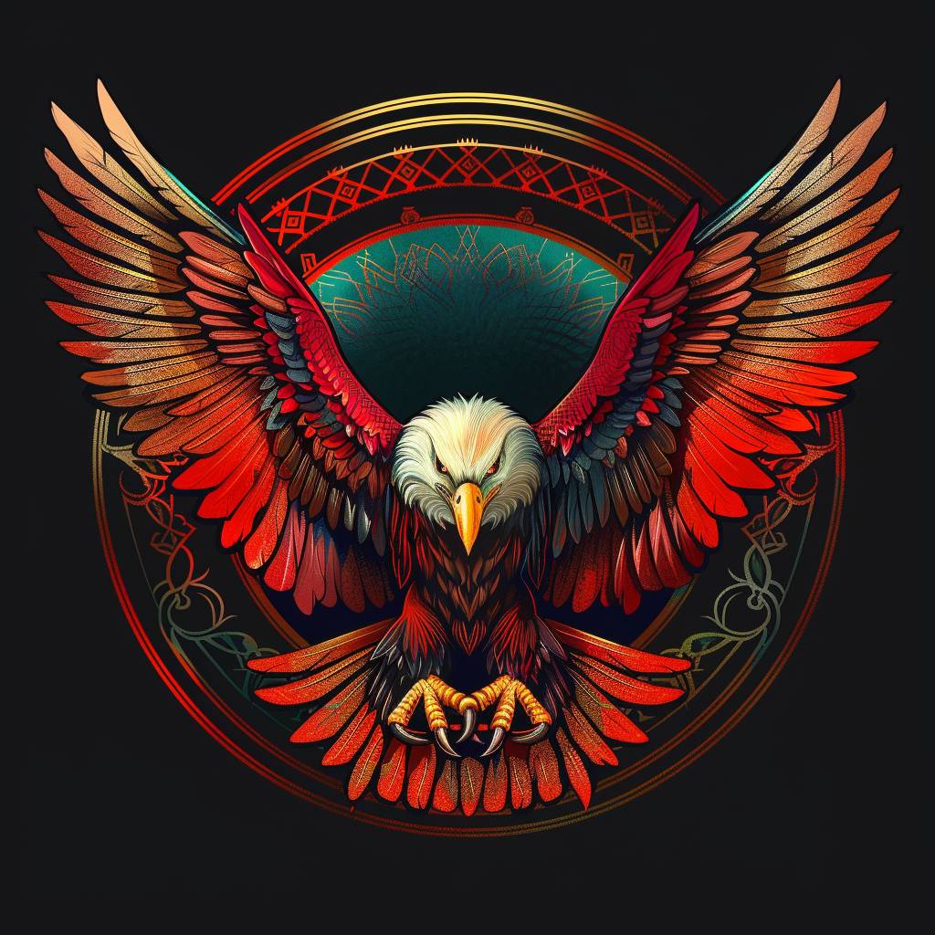 A gaming style logo with an American Bald Eagle flying towards you with wings spread open, vibrant colors, art nouveau.