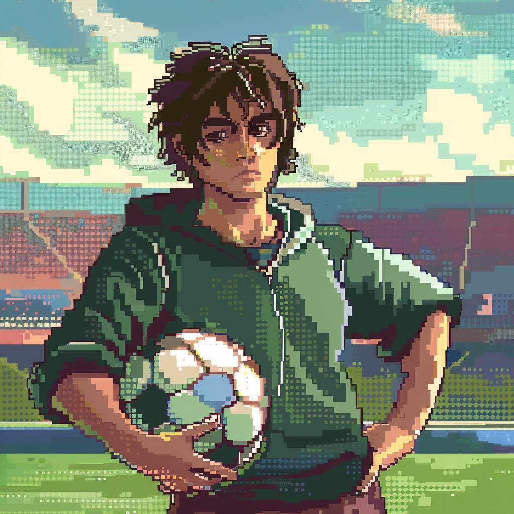 [プレイヤー]、16ビットのビデオゲームを思わせるピクセルアートスタイルで、サッカーボールを持ち、スタジアムの背景、準備と決意を示すダイナミックなポーズ。