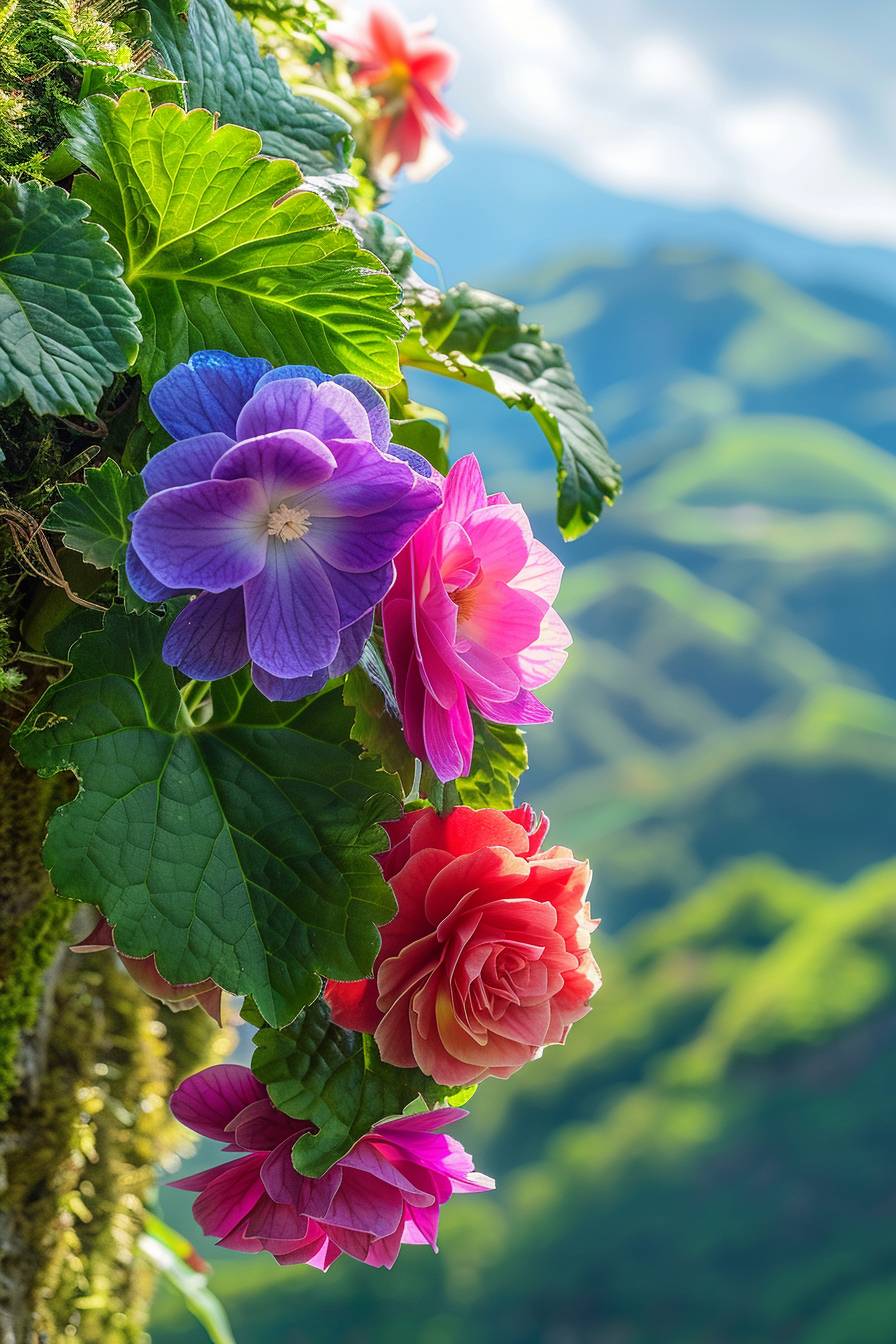 晴れた日に、異なる色の大きなベゴニアの花が三つ、急峻な凹凸した苔の壁から垂れ下がっています。一つは紫色、一つはピンク色、一つは赤色で、複数の花びらがあります。緑の葉は透明で繊細で、明るい色で、さりげなく背景の緑の山が見えます。明るい花びらは美しくロマンチックで、色彩は柔らかいです。Canon R5、50mm f22、現実的な写真、超高解像度、8k、HD - ar 2:3 - v 6.0