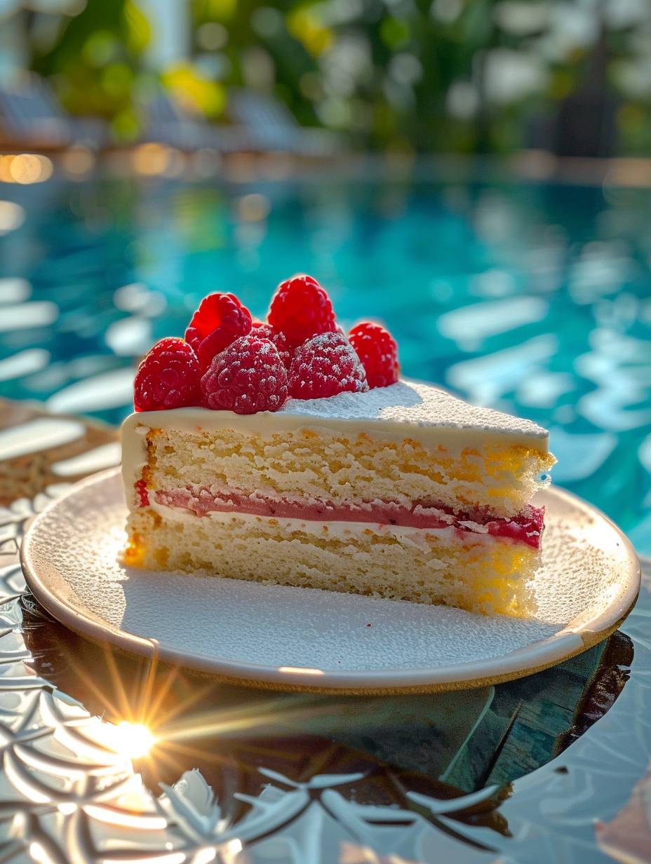 Amateur close-up photo from Instagram. Taken with an iPhone 15 Pro. Mouthwatering delicious Peach Raspberry Cake featuring vibrant colors, served in a luxury pool resort.