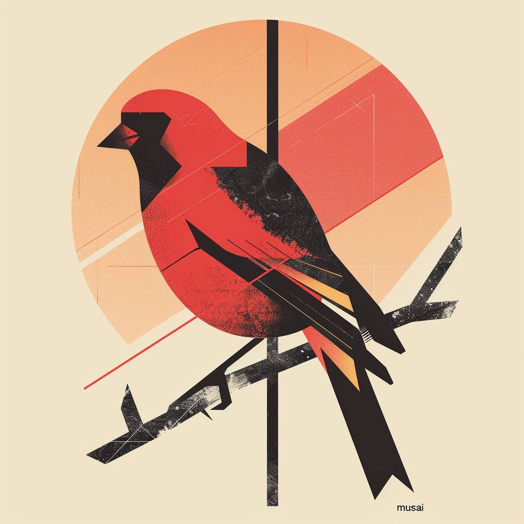 A red and black bird on the branch, a poster in the style of James Gilleard, an abstract geometric pattern of lines forming bird shapes, a gradient background with light orange to dark beige, says "musesai", a simple composition, an illustration in the style of Eiko Ojala, behance contest winner, flat design, behancingcore, behantis, beh Stimulat sleek and modern, behstaffing