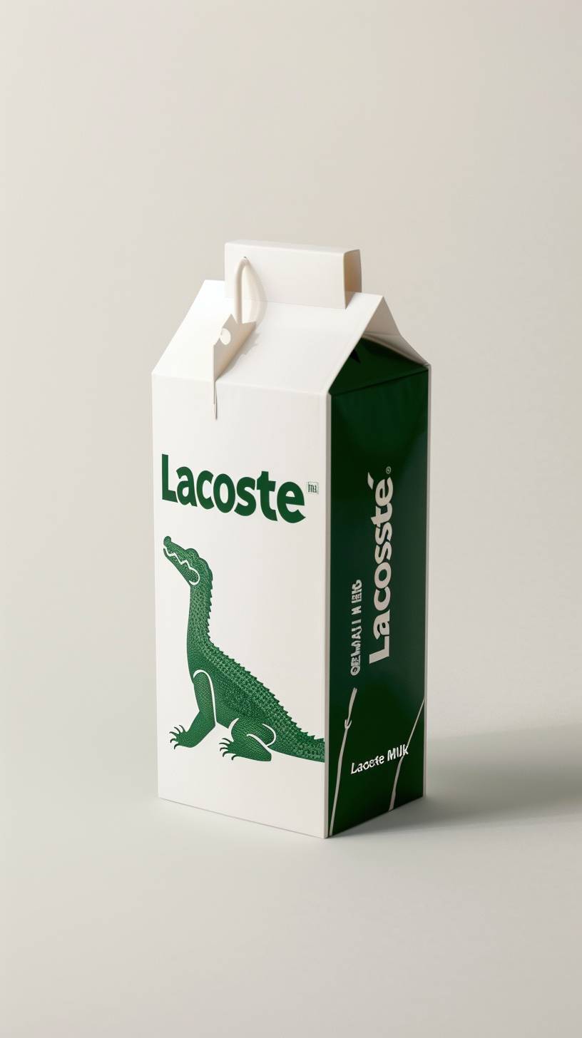 Lacosteロゴが入ったクラシックなミルクホワイトのスーパーマーケットカートンのスタジオ写真、ミルクカートンの表面と側面には大きな緑色のLacosteクロコダイルロゴがあり、テキストは「Lacoste Milk」、シンプルなホワイトスタジオモックアップ背景
