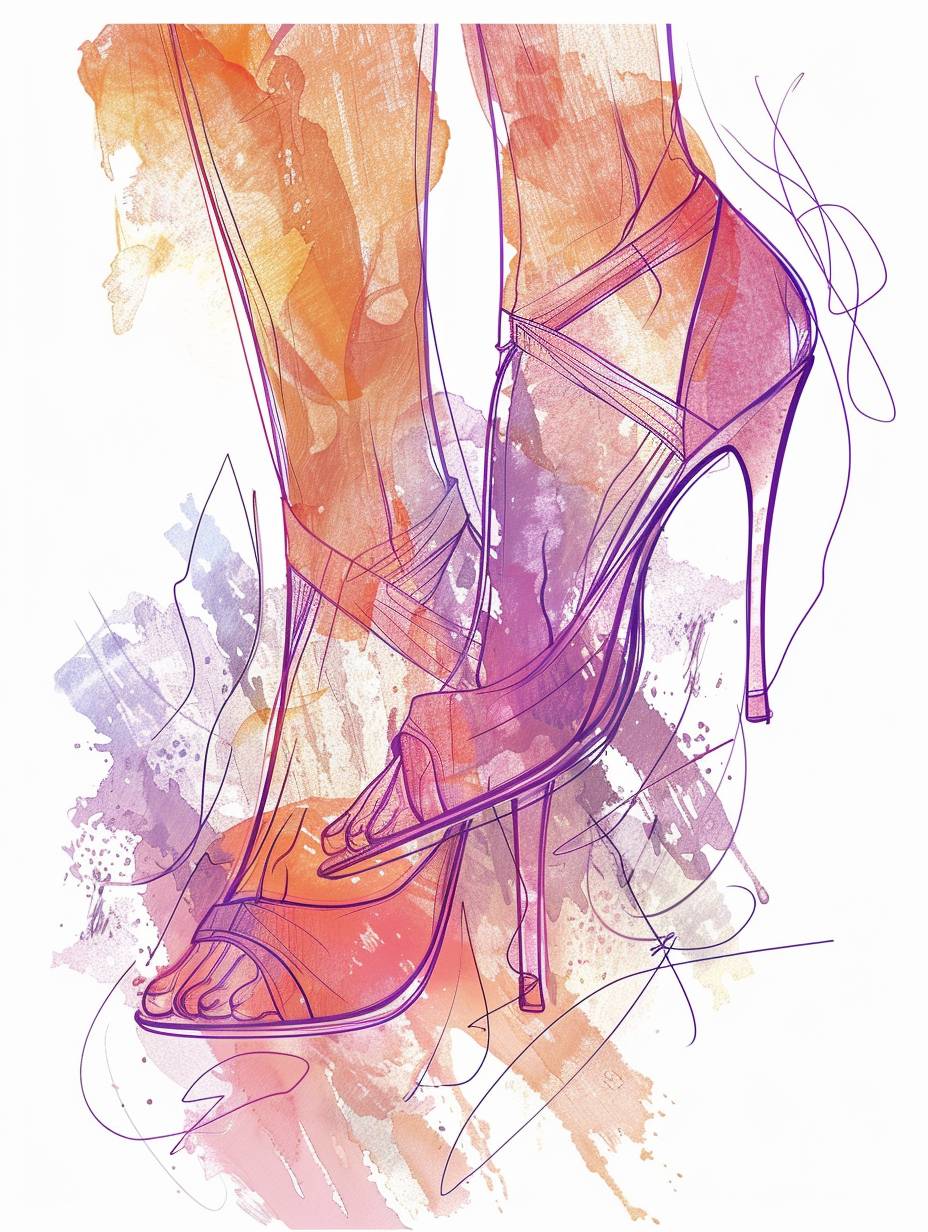 2D outline, watercolor simple coloring page without grayscale, the image is: female figure year 1990, heels, without shadow dithering gradient, without small details.