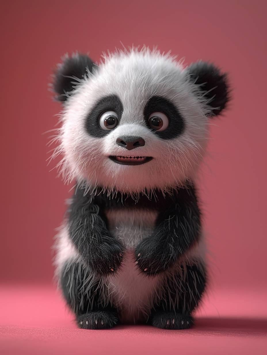 An anime adorable panda, slightly fluffy, with rich expressions of happiness and joyful, 3D plush texture, against a pink background, in the style of q version, 4K, rich details with minimal elements