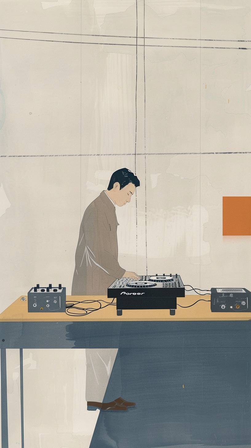 A painting showing a man standing over DJ equipment at a table, clear thin lines, cute, detailed brushstrokes, minimal color, simple line work, Ryo Takemasa, 8k, plenty of copy space