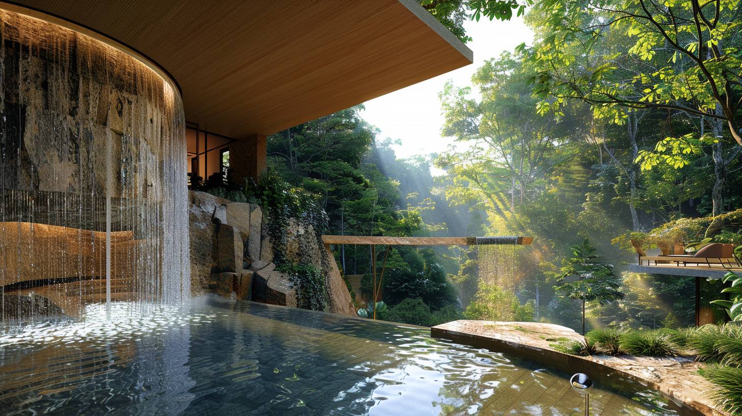 Large interior designed by Kengo Kuma, harmoniously blending natural elements and modern design, an eco-friendly structure featuring pools and falling water.