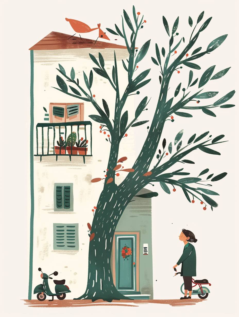 A cute green tree-shaped house with an old lady and her dog standing next to it, in the style of Oliver Jeffers, children's book illustration style, simple minimalistic drawing, flat color background, full body shot. A white wall behind the little girl is decorated with olive branches and flowers. There is a motorcycle on top of the roof, cartoon character design, high detail.